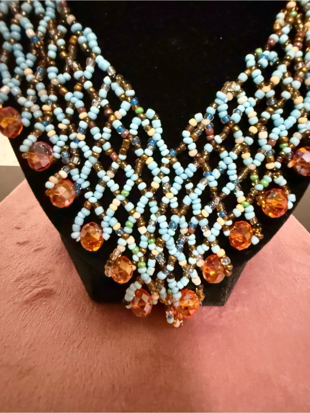 Stunning Handmade Beaded Statement Necklace with Turquoise, Purple and Amber